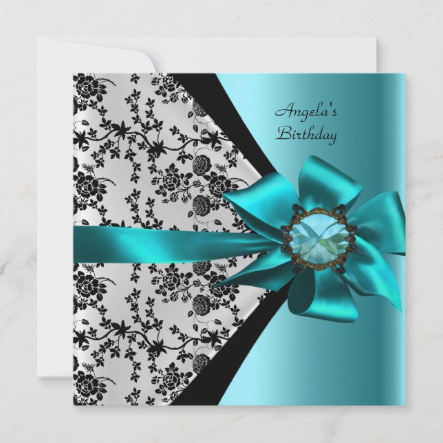 Convite Jóia de Laço Preto Azul Teal Damask Festa de Anive (Frente)