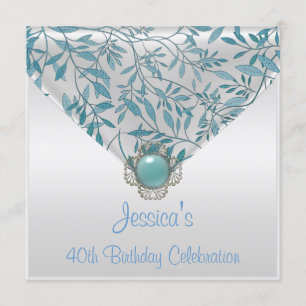 Convite Jóia Floral Azul Teal Branco Aniversário de 40 ano