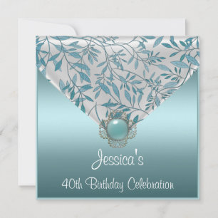 Convite Jóia Floral Azul Teal Branco Aniversário de 40 ano