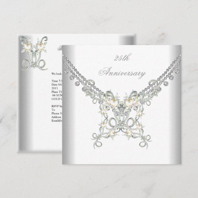 Convite Jóia Pérola Prata Branca de 25º Aniversário (Frente/Verso)