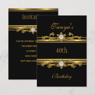 Convite Joia Preta Elegante Dourada 40º Aniversário
