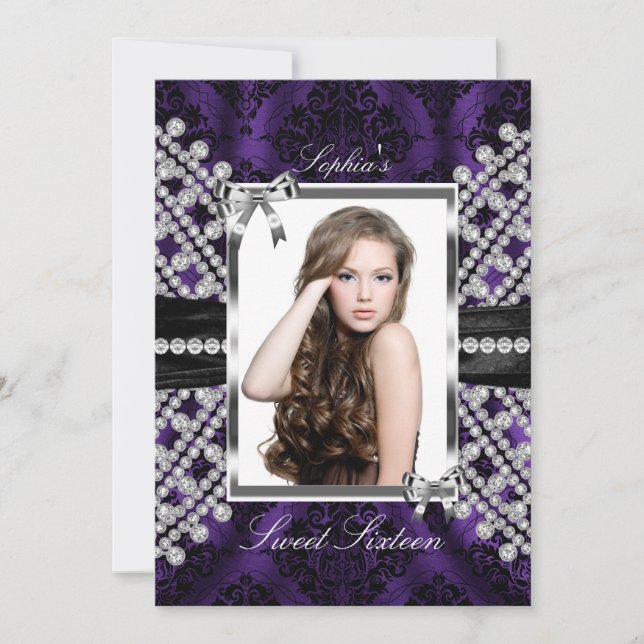 Convite Jóia Preta Prata Roxa & Foto Damask Doce 16 (Frente)