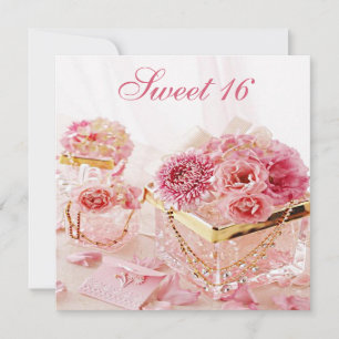Convite Joias Glamour, Flores Rosa e Caixas Sweet 16