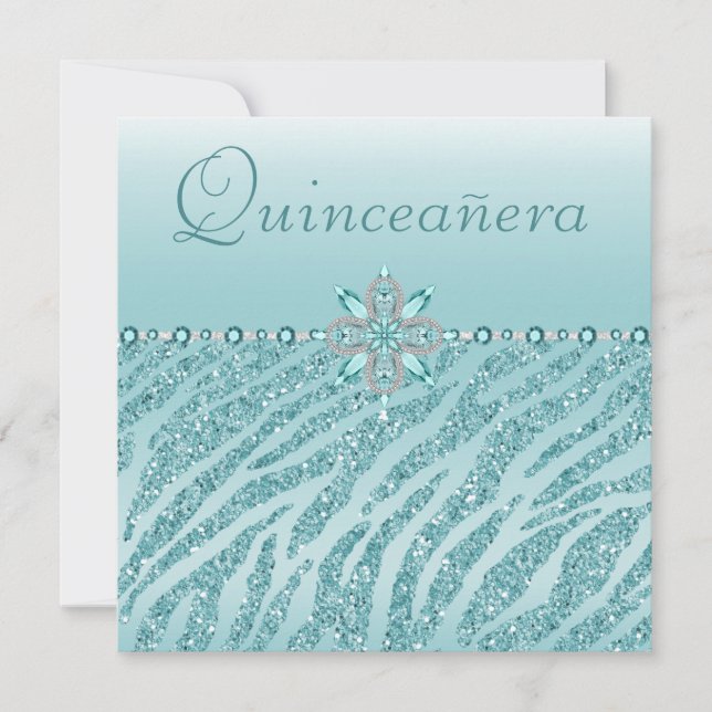 Convite Joias Impressas de Quinceanera Teal & Zebra Glitte (Frente)
