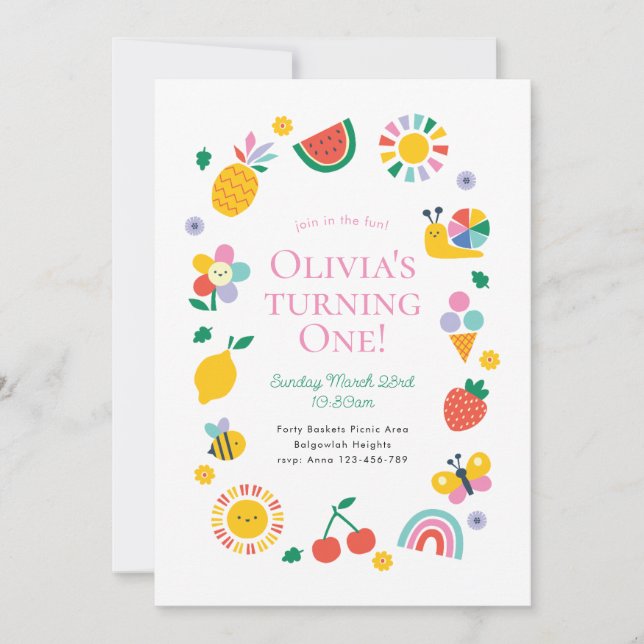 Convite Join in the Fun Coloful Playful First Birthday (Frente)