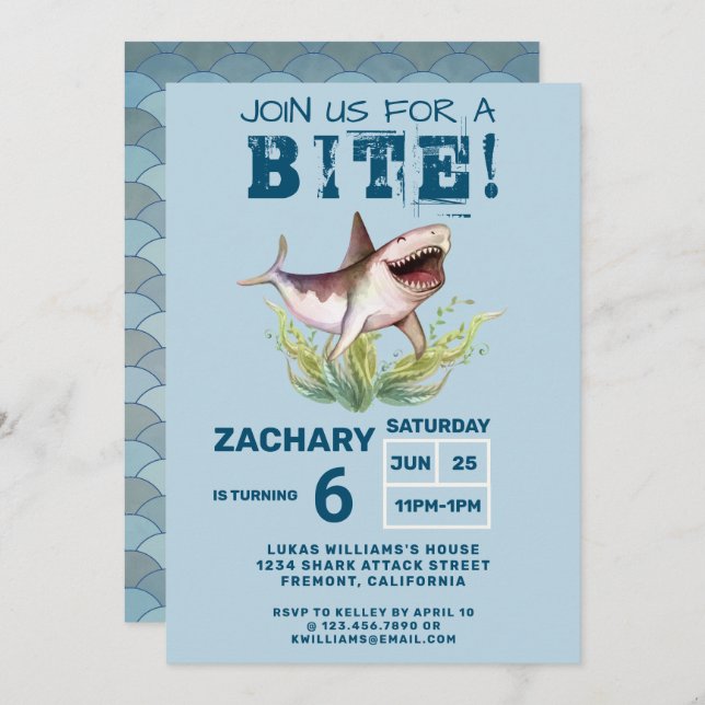 Convite Join Us For a Bite Funny Shark Boys Birthday Party (Frente/Verso)