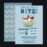 Convite Join Us For a Bite Funny Shark Boys Birthday Party<br><div class="desc">Invite friends and family to join you for a bite with this cute shark boys birthday party invitation. This design features a soft blue background with a happy, laughing shark swimming in seaweed in the ocean. The back of the card features a mermaid scale pattern in tones of blue. Personalize...</div>