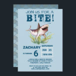 Convite Join Us For a Bite Funny Shark Boys Birthday Party<br><div class="desc">Invite friends and family to join you for a bite with this cute shark boys birthday party invitation. This design features a soft blue background with a happy, laughing shark swimming in seaweed in the ocean. The back of the card features a mermaid scale pattern in tones of blue. Personalize...</div>