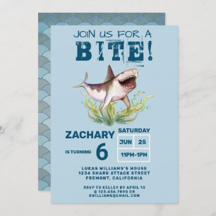 Convite Join Us For a Bite Funny Shark Boys Birthday Party