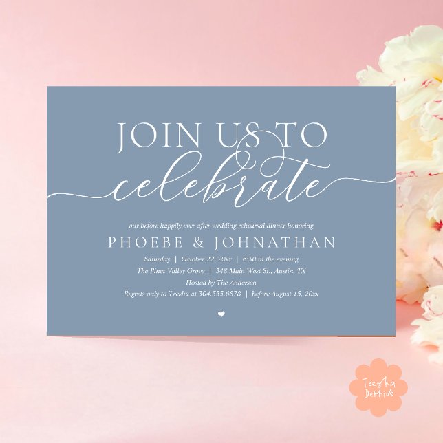 Convite Join Us To Celebrate, Wedding Rehearsal Dinner (Join Us To Celebrate, Modern Classy Wedding Rehearsal Dinner Invitation card in dusty blue)