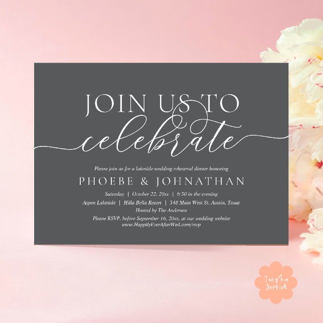 Convite Join Us To Celebrate, Wedding Rehearsal Dinner (Join Us To Celebrate, Modern Classy Wedding Rehearsal Dinner Invitation card in dark grey)