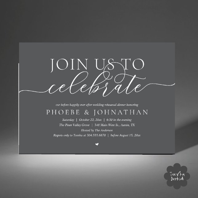 Convite Join Us To Celebrate, Wedding Rehearsal Dinner (Join Us To Celebrate, Modern Classy Wedding Rehearsal Dinner Invitation card in dark grey)
