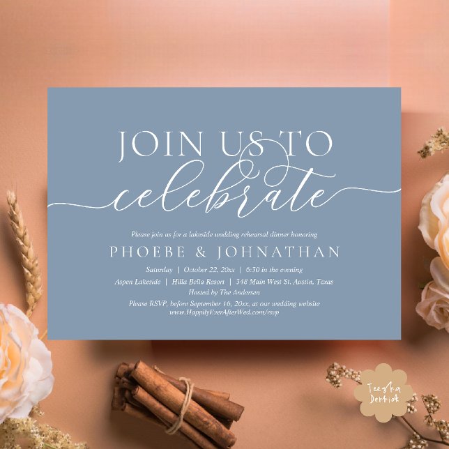 Convite Join Us To Celebrate, Wedding Rehearsal Dinner (Join Us To Celebrate, Modern Classy Wedding Rehearsal Dinner Invitation card in dusty blue)