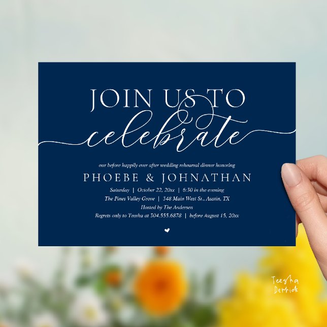 Convite Join Us To Celebrate, Wedding Rehearsal Dinner (Join Us To Celebrate, Wedding Rehearsal Dinner Invitation card in navy blue)