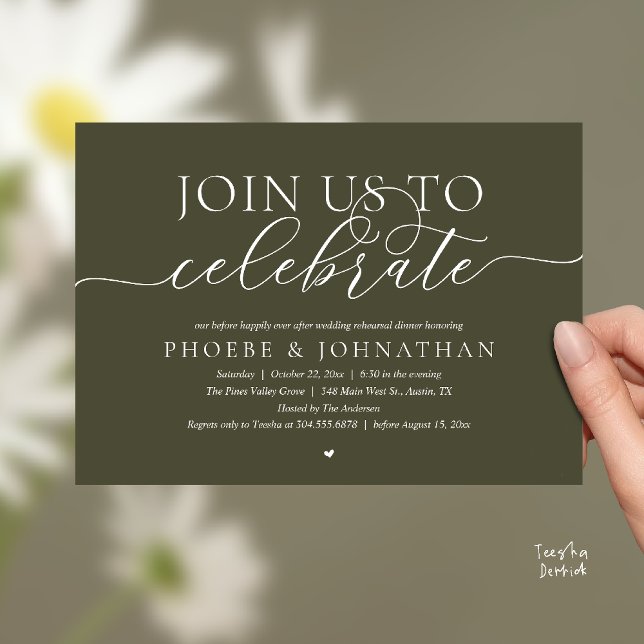 Convite Join Us To Celebrate, Wedding Rehearsal Dinner (Join Us To Celebrate, Modern Classy Wedding Rehearsal Dinner Invitation card in olive green)