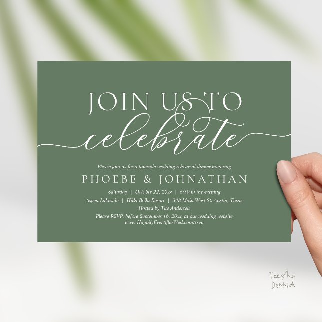 Convite Join Us To Celebrate, Wedding Rehearsal Dinner (Join Us To Celebrate, Modern Classy Wedding Rehearsal Dinner Invitation card in sage green)