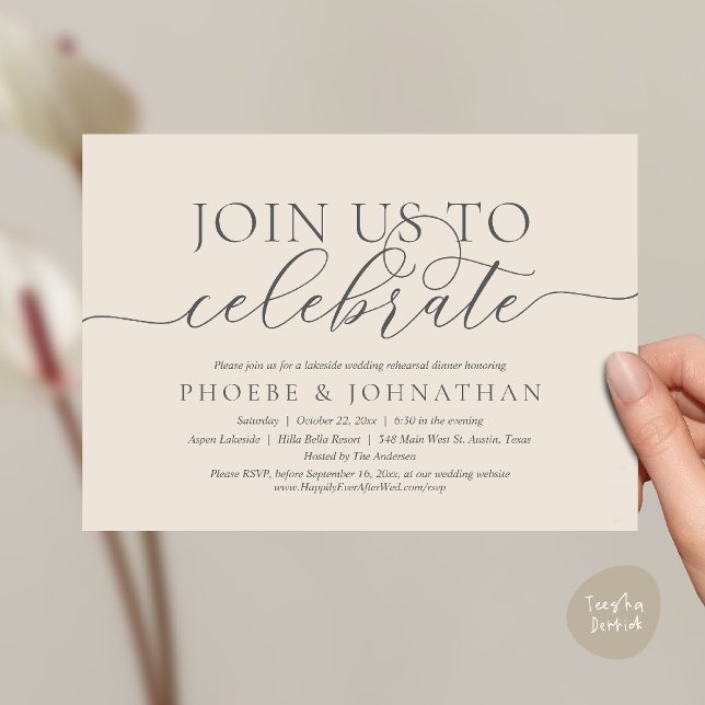 Convite Join Us To Celebrate, Wedding Rehearsal Dinner (Join Us To Celebrate, Modern Classy Wedding Rehearsal Dinner Invitation card in cream grey)