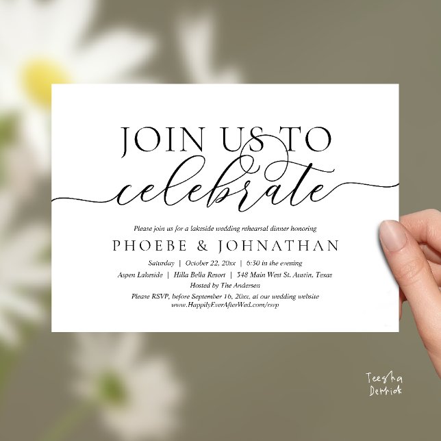 Convite Join Us To Celebrate, Wedding Rehearsal Dinner (Join Us To Celebrate, Modern Classy Wedding Rehearsal Dinner Invitation card in black and white)