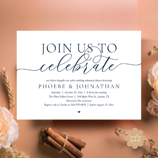 Convite Join Us To Celebrate, Wedding Rehearsal Dinner (Join Us To Celebrate, Modern Classy Wedding Rehearsal Dinner Invitation card in navy blue)