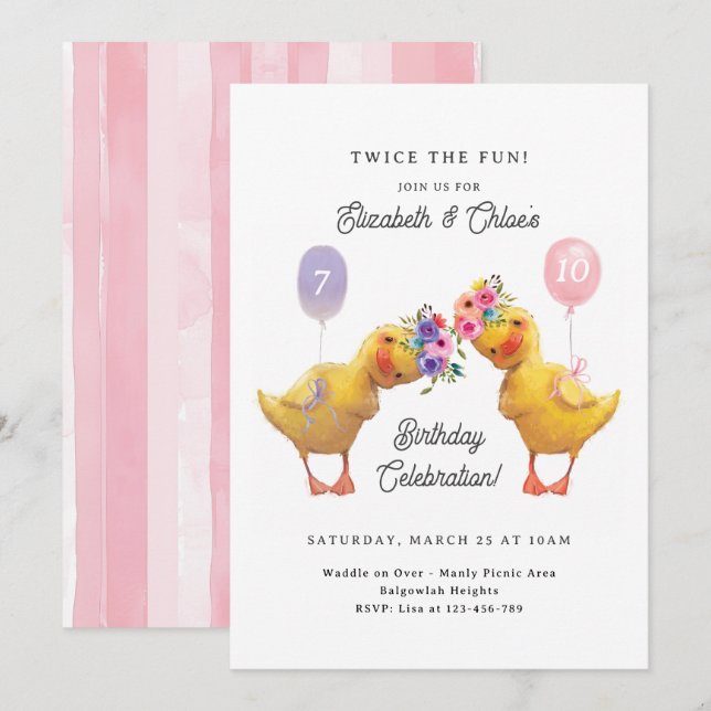 Convite Joint Birthday Invite, Duck Double Party (Frente/Verso)