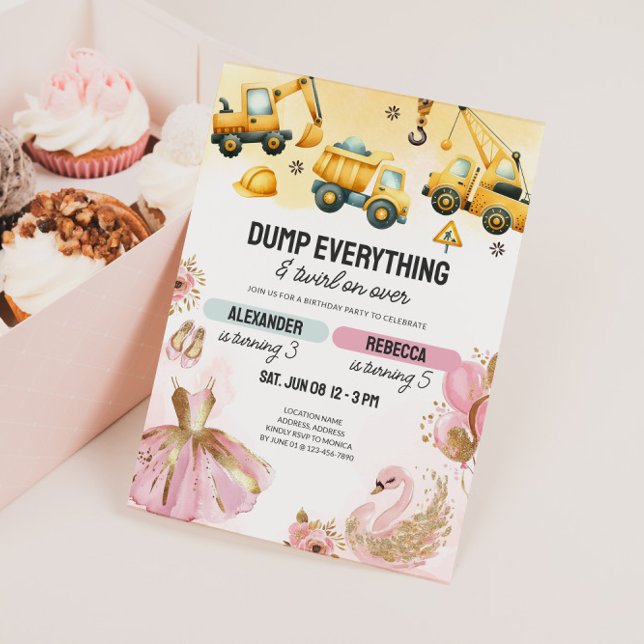 Convite Joint Construction & Ballerina Sibling Birthday (Joint Kids Birthday Invite - Construction & Ballerina)