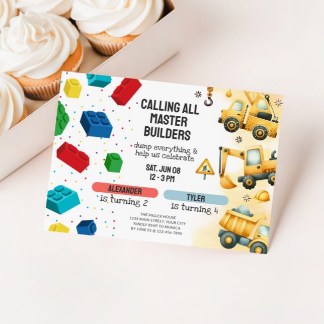 Convite Joint Construction & Building Blocks Birthday (Dual Birthday Party Invitation - Building Blocks & Dump Trucks)