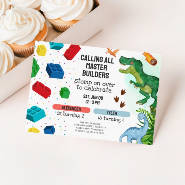 Convite Joint Dinosaur & Building Blocks Sibling Birthday (Joint Kids Birthday Party Invite - Dinosaurs and Building Blocks)