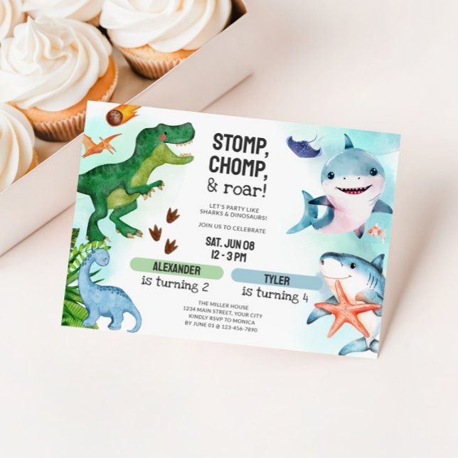 Convite Joint Dinosaur & Sharks Sibling Birthday (Dual Birthday Party Invitation - Sharks and Dinosaurs)