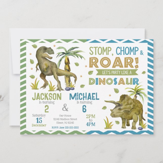 Convite Joint Dinosaurs Siblings Birthday Invitation (Frente)