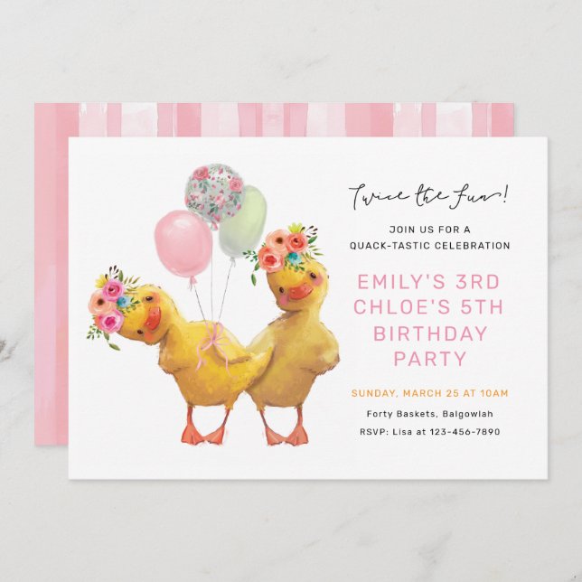 Convite Joint Ducklings Birthday Invite, Siblings Friends  (Frente/Verso)