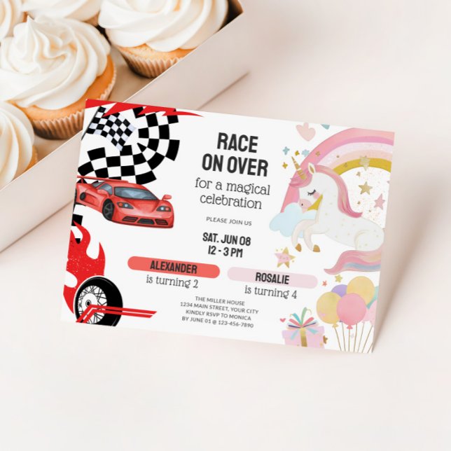Convite Joint Unicorn & Race Cars Sibling Birthday (Joint Kids Birthday Party Invitation - Race Cars & Unicorns)