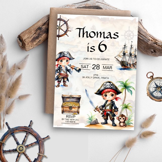 Convite Jolly Pirates 6 Birthday (Jolly Pirates 6th Birthday Invitation)