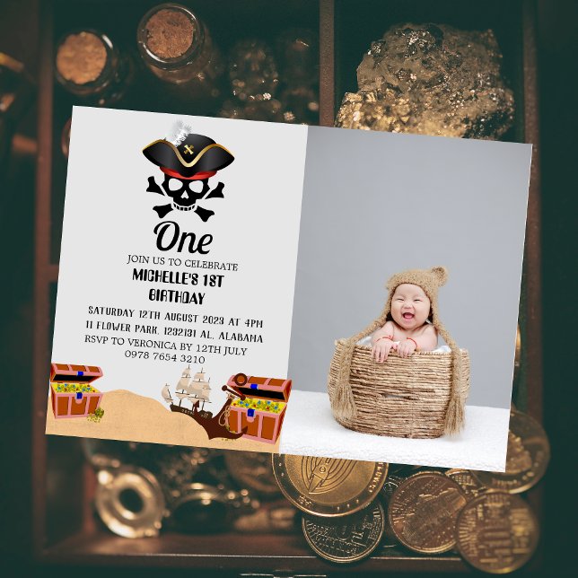 Convite Jolly Roger Pirate | Foto simples do primeiro aniv (Criador carregado)