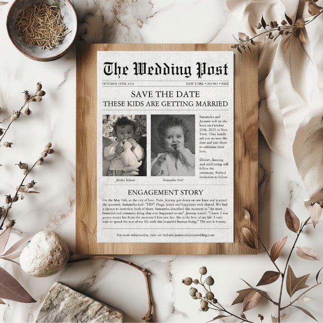 Convite Jornais Engraçados Crianças Únicas Salvem a Data C (Newspaper "these kids are getting married" funny retro unique quirky save the date)