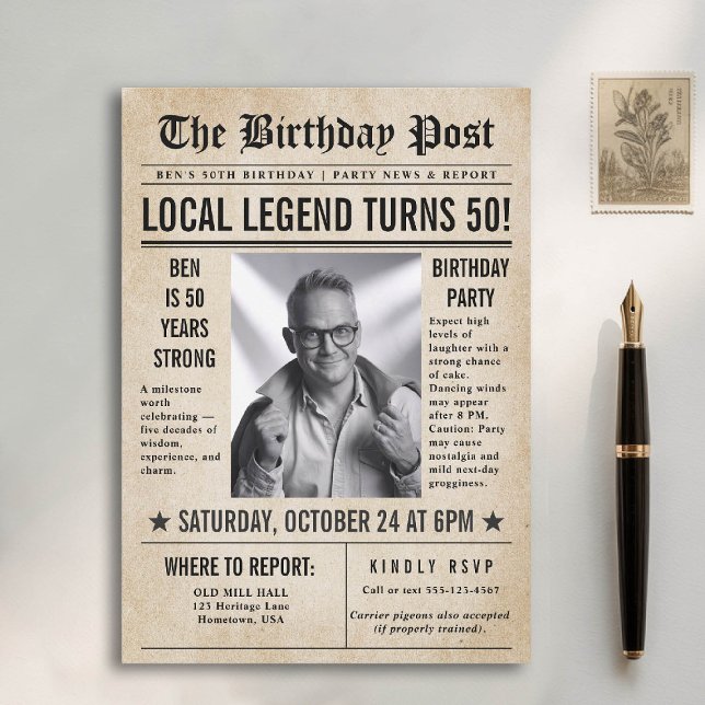 Convite Jornais Notícias de Aniversário Engraçados Homens  (50th birthday party for men invitation card photo template vintage newspaper news funny humorous)