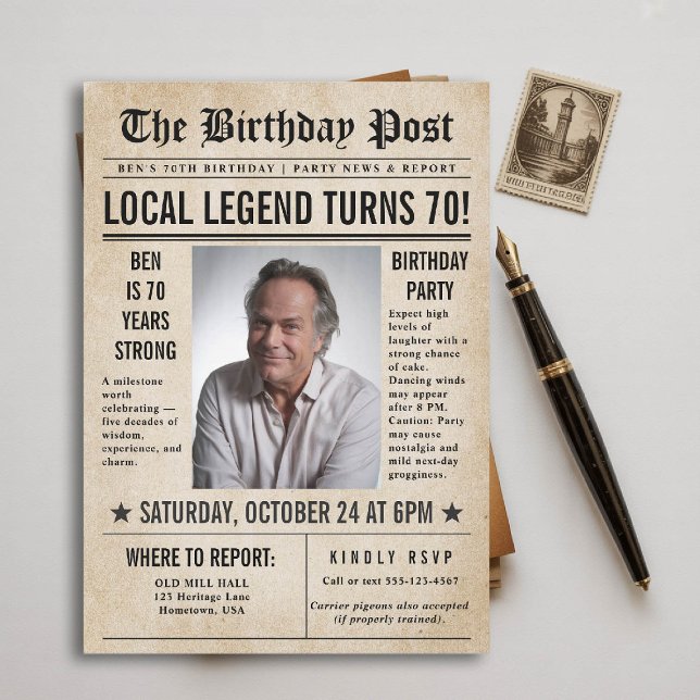 Convite Jornal Aniversário Notícias Engraçadas Homens Humo (70th birthday party for men invitation card photo template vintage newspaper news funny humorous)