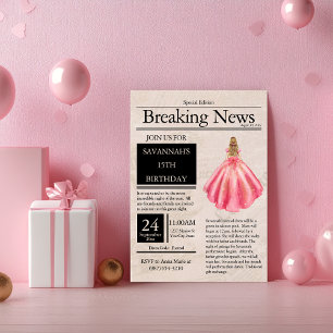 Convite Jornal Antigo Quinceañera Rosa Salmão