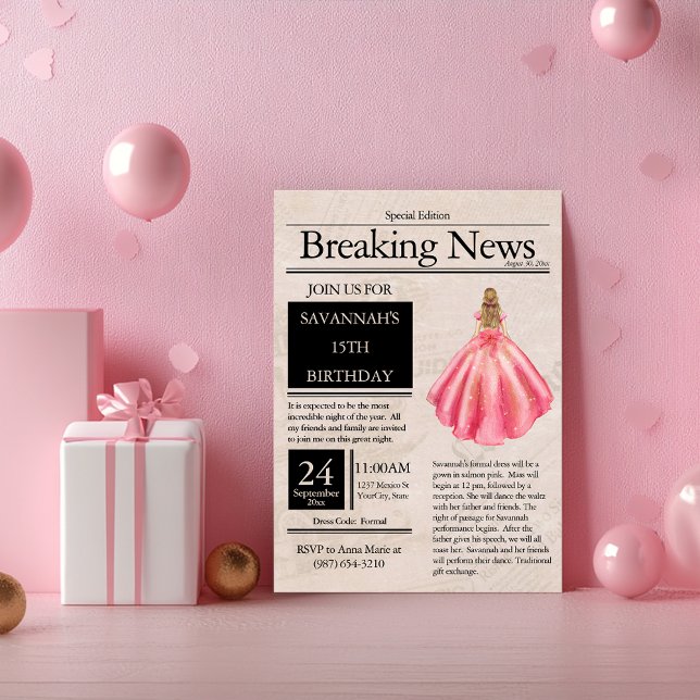 Convite Jornal Antigo Quinceañera Rosa Salmão (Criador carregado)