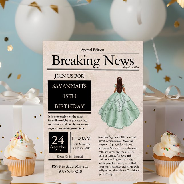 Convite Jornal Antigo Quinceañera Verde Claro (Criador carregado)