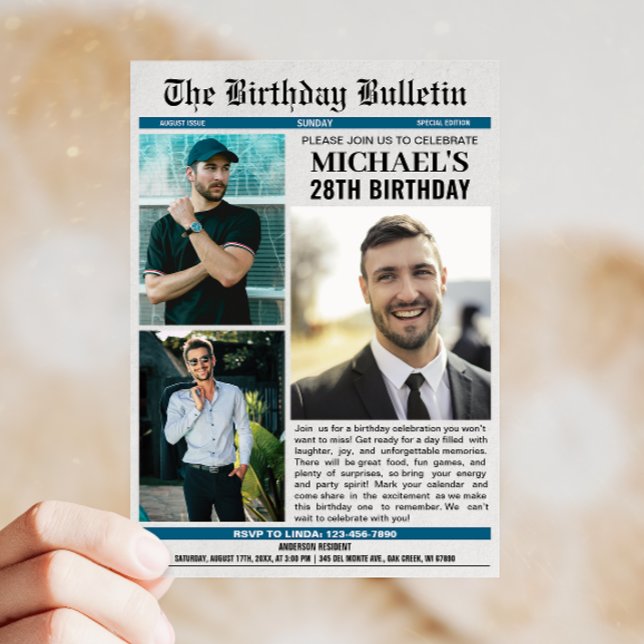 Convite Jornal com fotos de qualquer idade (Celebrate your birthday in style with a newspaper design invitation that adds fun and flair!)
