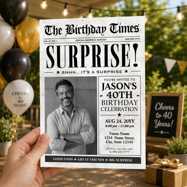 Convite Jornal de Aniversário Personalizado Surpresa de An (Custom Birthday Newspaper Surprise Birthday Invitation)