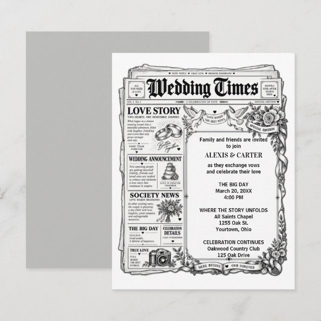 Convite Jornal de Casamento (Frente/Verso)