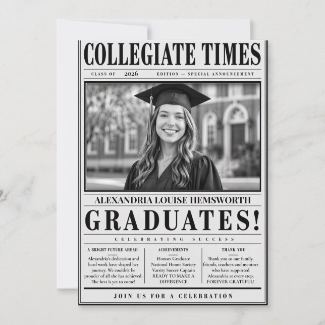 Convite Jornal de código QR personalizado de Graduação (Frente)