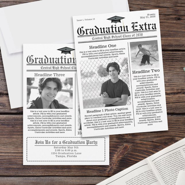 Convite Jornal de Colagem de Fotos em Preto e Branco do fo (Graduation photo invitation announcement with unique Newspaper print template. )