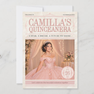 Convite Jornal de Foto de Quinceanera Rosa Elegante