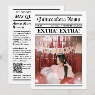 Convite Jornal de Quinze Anos Elegante Código QR de Foto M