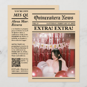 Convite Jornal de Quinze Anos Elegante Código QR de Foto M