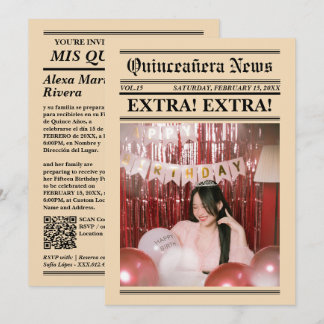 Convite Jornal de Quinze Anos Elegante Código QR de Foto M