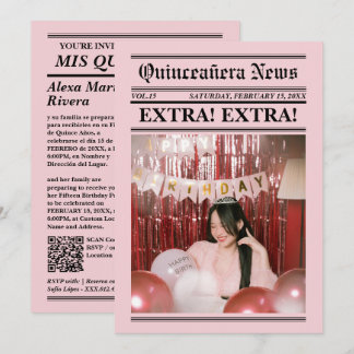 Convite Jornal de Quinze Anos Elegante Código QR de Foto M