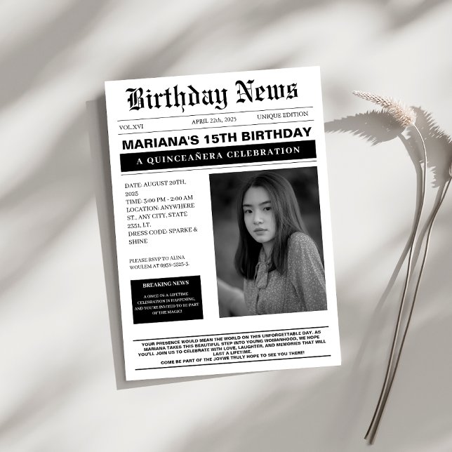 Convite Jornal Elegante Quinceañera (Criador carregado)